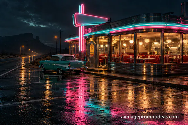 Chrome 1950s diner glowing with neon at night beside a classic car on a wet highway, AI generated