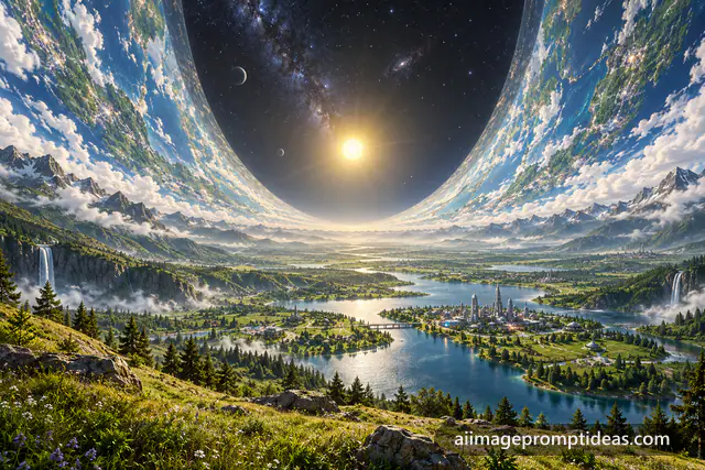 Giant ringworld habitat curving into the starry sky above meadows, AI generated