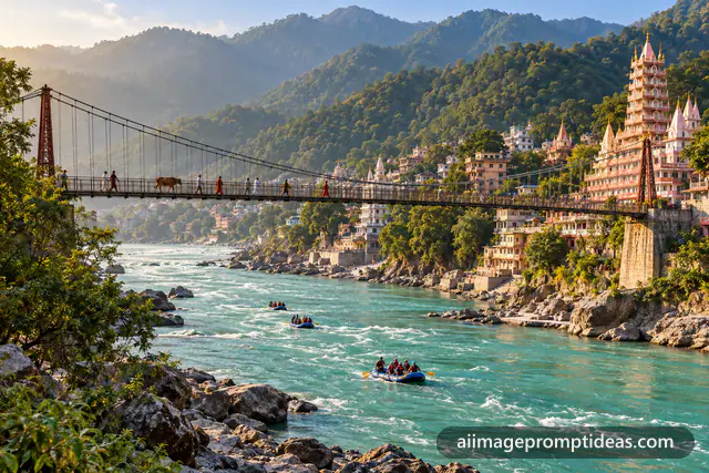 Iron suspension bridge over the turquoise Ganga in Rishikesh with temples and green hills, AI generated