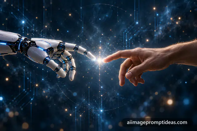 White robotic hand and human hand reaching toward each other with a spark of light between them, AI generated