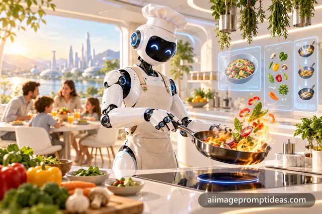 White humanoid robot chef flipping vegetables in a flaming pan in a futuristic kitchen, AI generated