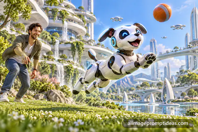 Friendly white robot dog leaping to catch a ball in a futuristic green park, AI generated