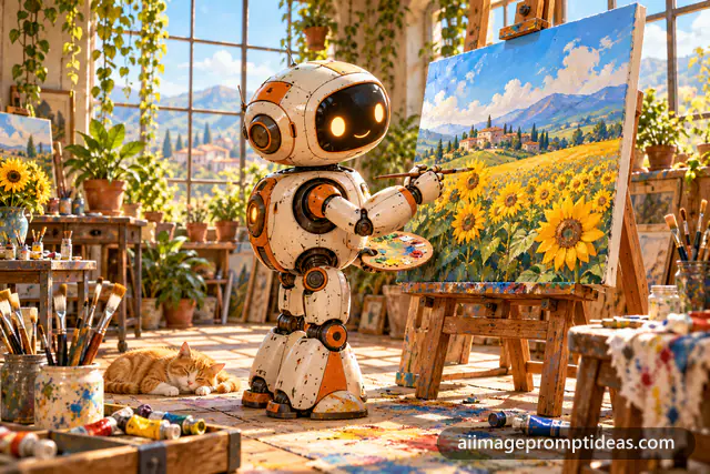 Gentle robot painting a sunflower field on a canvas in a sunny art studio, AI generated