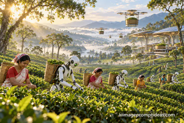 White robots and women farmers picking tea in a misty future Assam estate, AI generated
