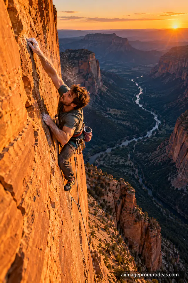 Rock climber reaching for a hold on an orange cliff face high above a valley at sunset, AI generated