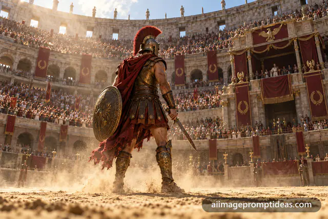 Roman gladiator standing in the sunlit Colosseum arena before a crowd, AI generated