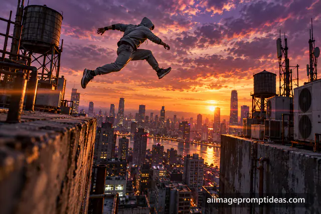 Parkour runner leaping between city rooftops at dusk, AI generated