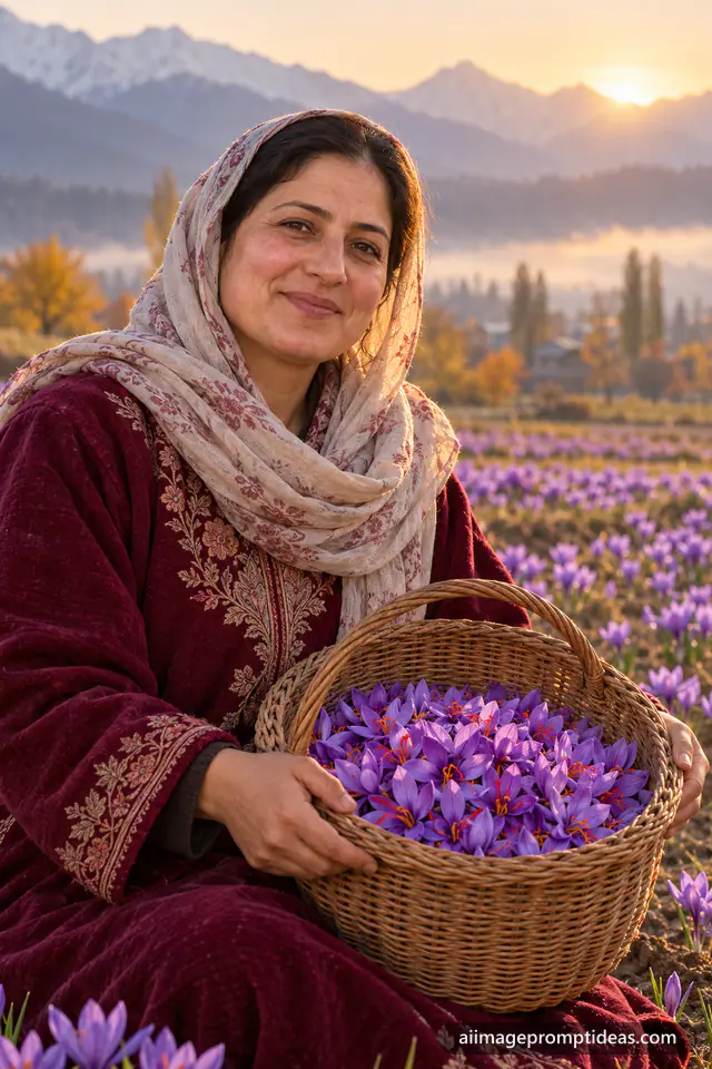 Kashmiri woman in a pheran holding a basket of saffron flowers, AI generated
