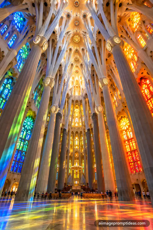 Sagrada Familia interior with tree-like columns and colorful stained-glass light, AI generated