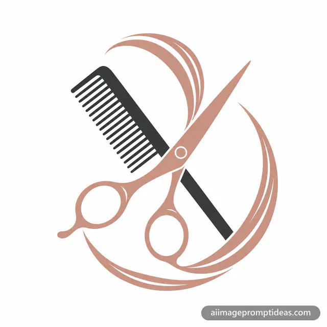 Minimal hair salon logo of crossed scissors and comb with a flowing hair strand, AI generated
