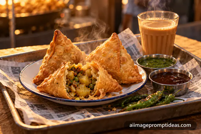Hot crispy samosas with one broken open beside mint and tamarind chutneys and chai, AI generated