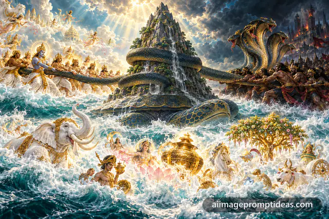 Epic painting of the Samudra Manthan with Mount Mandara and a cosmic ocean, AI generated