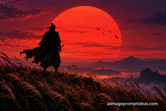 Lone samurai silhouette on a grassy hill in front of a huge red setting sun, AI generated