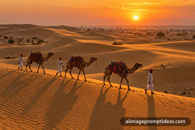 Camel caravan crossing golden Thar desert dunes at sunset with long shadows, AI generated