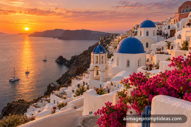 Santorini white houses and blue domes on the cliffs at sunset with pink bougainvillea, AI generated