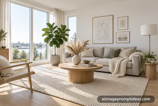 Bright Scandinavian living room with a grey sofa, oak table, plants and soft daylight, AI generated