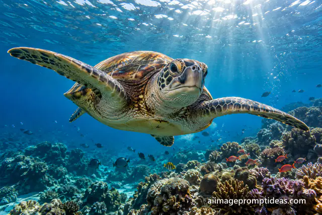 Green sea turtle gliding through clear blue water with sun rays over a coral reef, AI generated