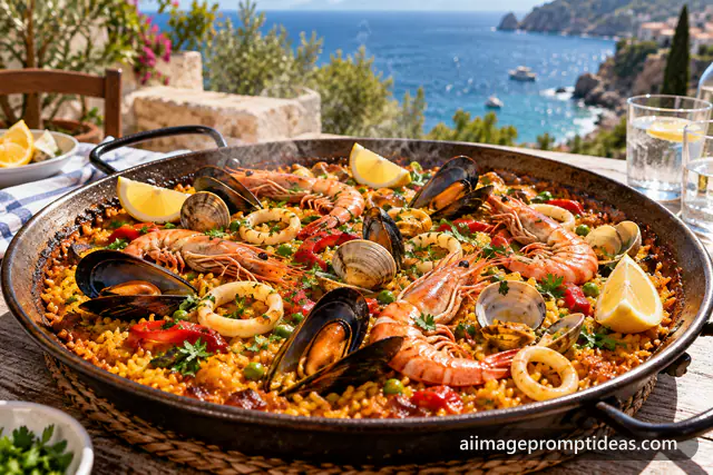 Large paella pan with saffron rice, prawns, mussels and lemon wedges on a sunny table, AI generated