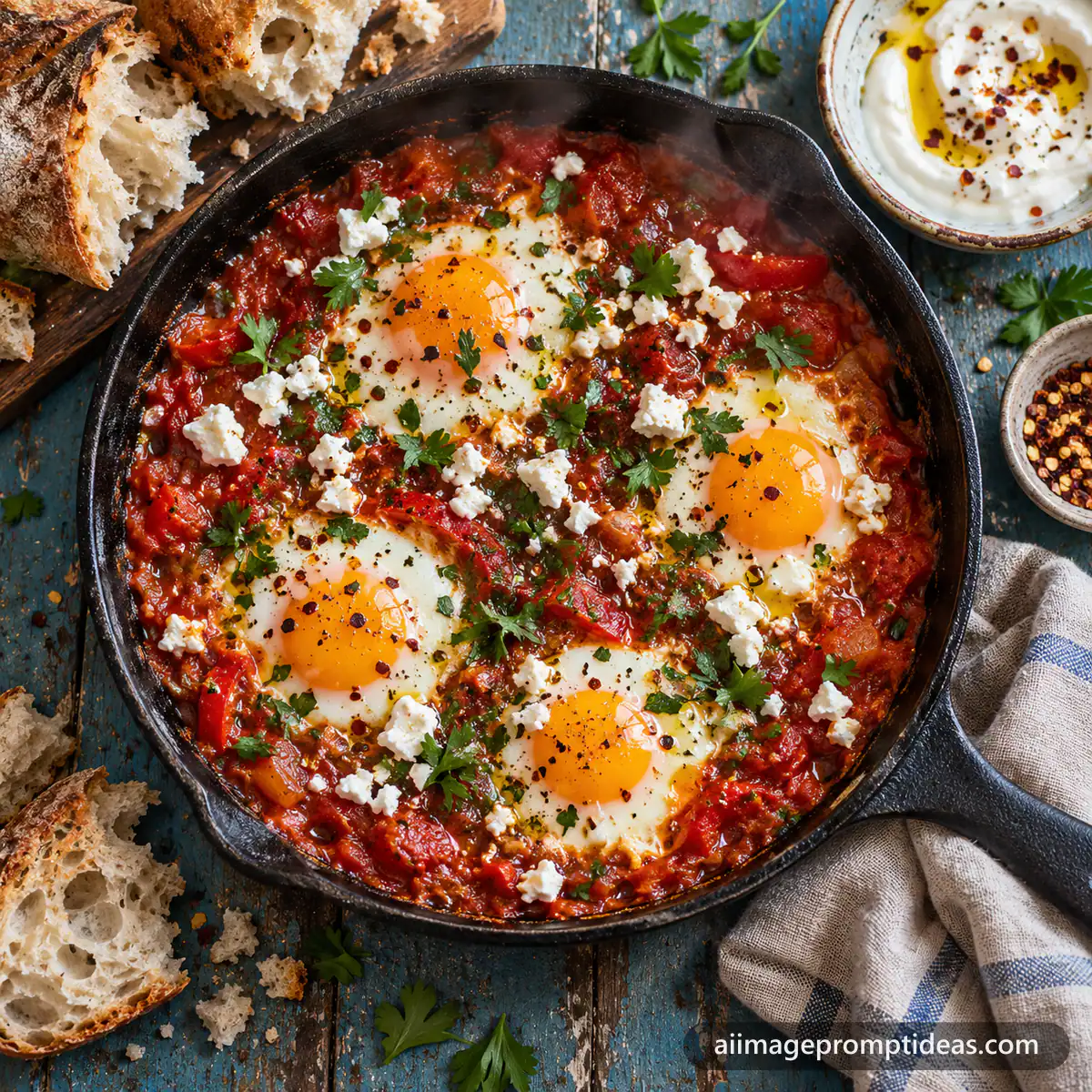 Shakshuka with runny eggs in a cast iron skillet with bread, AI generated