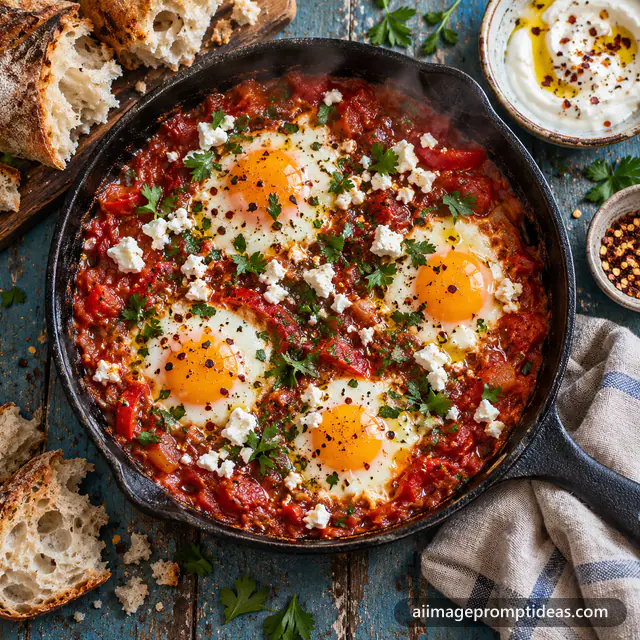 Shakshuka with runny eggs in a cast iron skillet with bread, AI generated