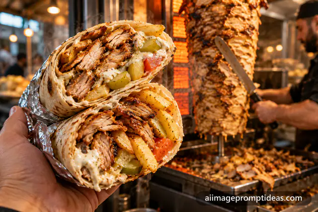 Chicken shawarma wrap cut open in foil in front of a rotating shawarma spit, AI generated