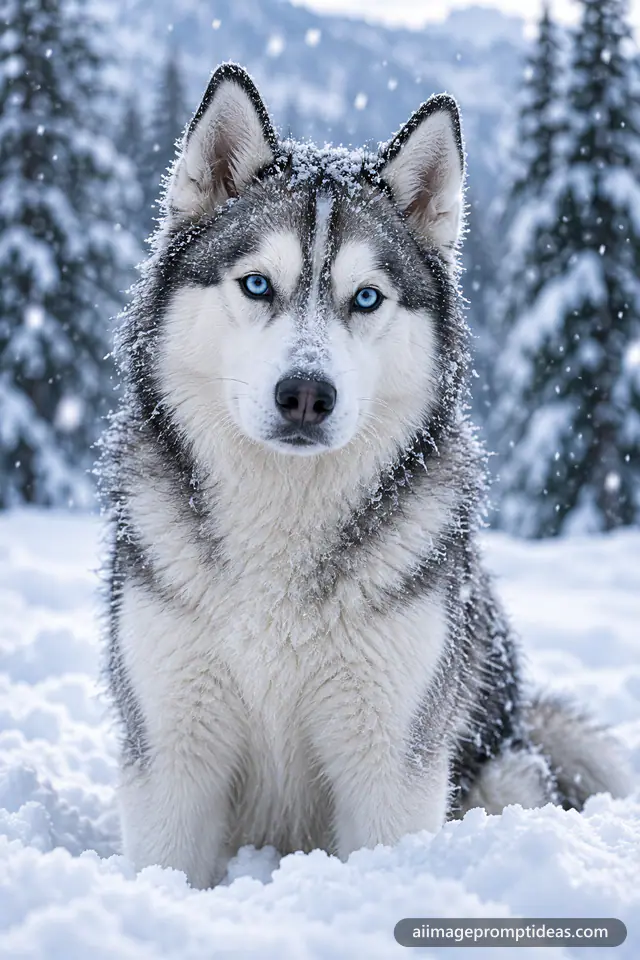 Siberian husky with piercing blue eyes sitting in falling snow with frost on its fur, AI generated