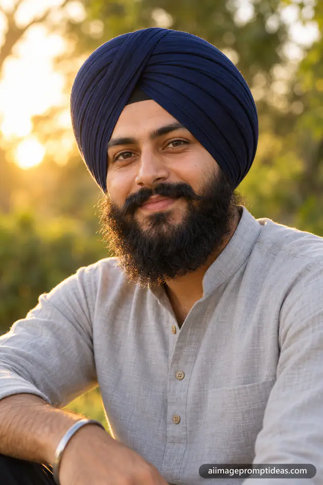 Sikh man in a navy blue turban with a full beard smiling in golden hour light, AI generated
