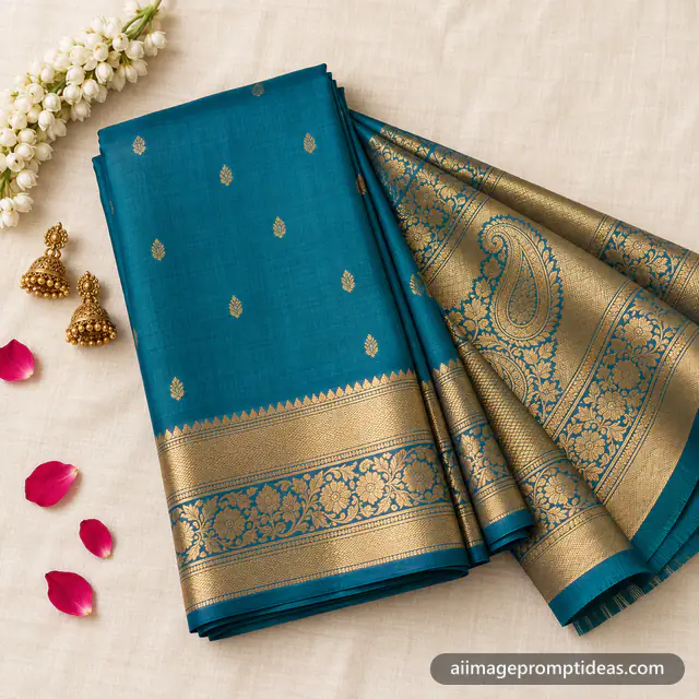 Folded teal silk saree with a gold zari border, jasmine and gold jhumkas on cream linen, AI generated