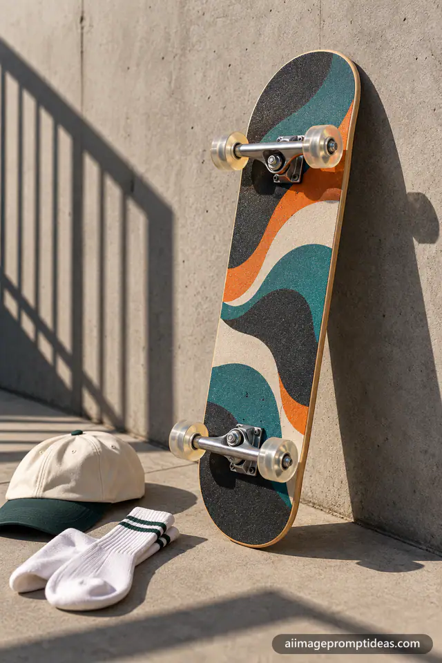 Colorful skateboard leaning on a concrete wall in hard sunlight, AI generated