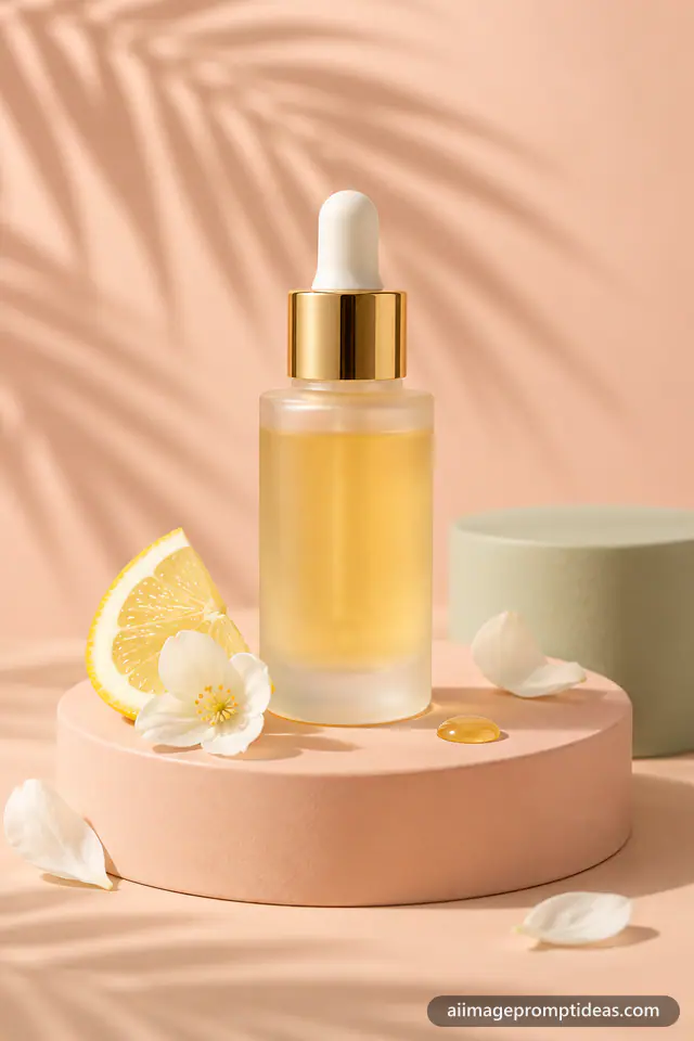 Frosted skincare serum bottle with a gold dropper on a pastel peach podium with a palm leaf shadow, AI generated