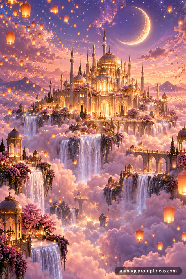 Golden palace on pink clouds surrounded by thousands of glowing floating lanterns, AI generated