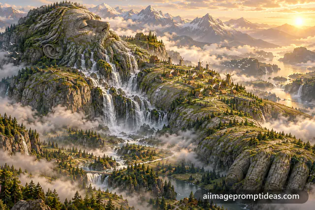 Fantasy village built on a giant sleeping stone figure forming a mountain, AI generated