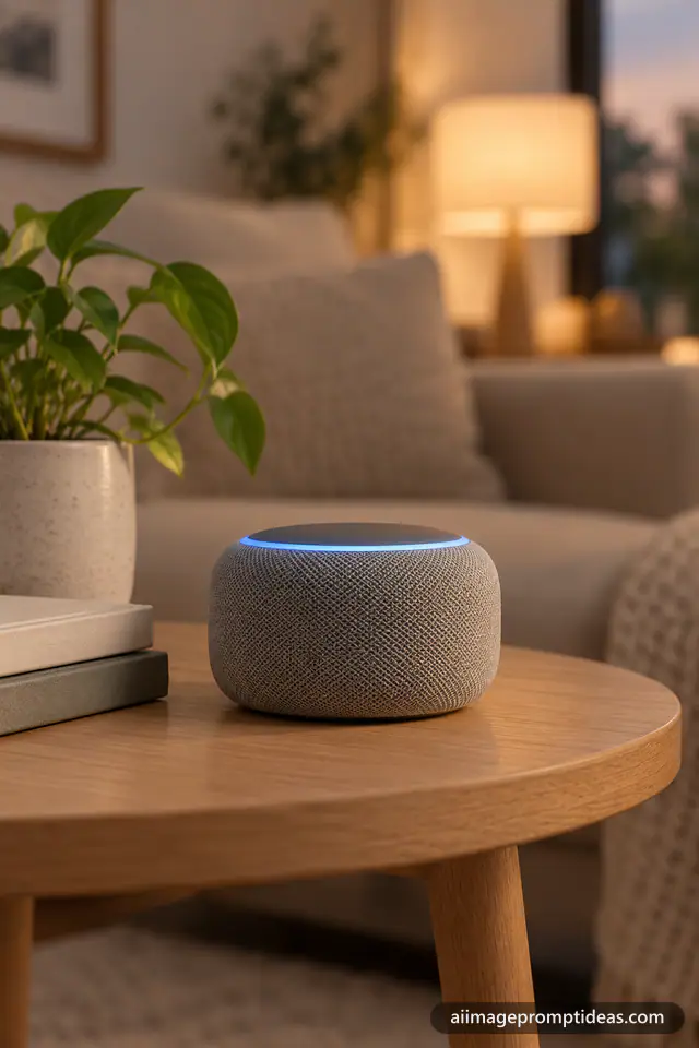 Round grey fabric smart speaker with a glowing light ring on an oak side table, AI generated
