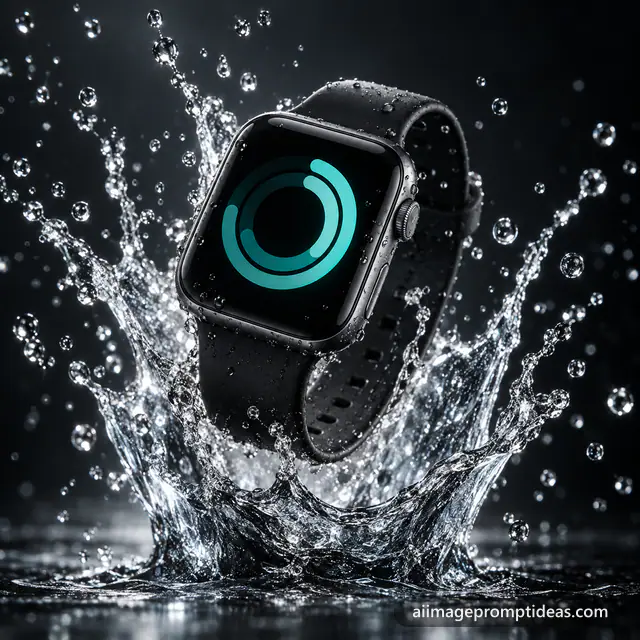 Black smartwatch in a frozen crown-shaped water splash on a dark background, AI generated