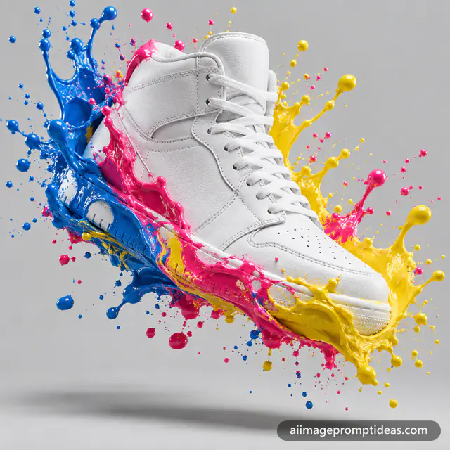 White sneaker with blue, pink and yellow paint splashes bursting around it on a grey background, AI generated