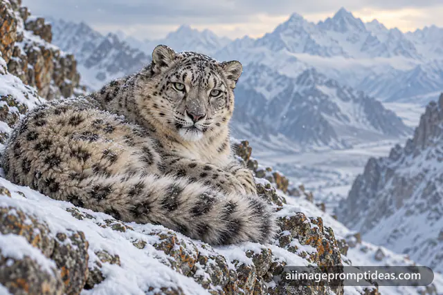 Snow leopard resting on snowy rocks in the Himalayas with falling snow, AI generated