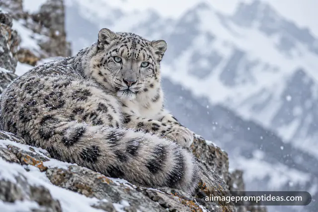 Snow leopard resting on a rocky Himalayan ledge in falling snow with pale eyes, AI generated