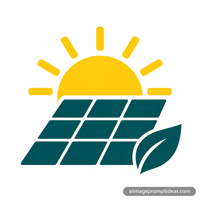 Flat vector solar energy logo of a sun rising behind a solar panel, AI generated