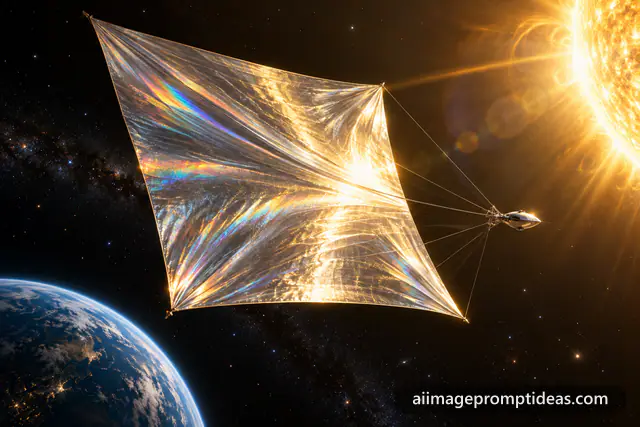 Giant mirror solar sail spacecraft glowing near the sun, AI generated