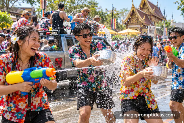 Friends splashing water during the Songkran festival in Thailand, AI generated