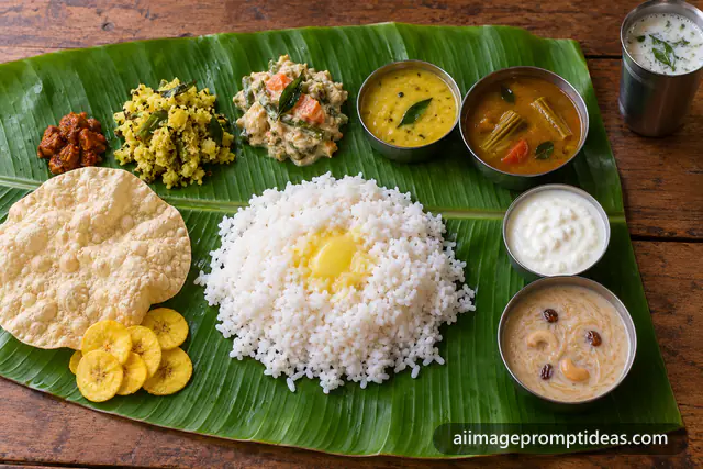 Top-down South Indian vegetarian meal on a banana leaf with rice, sambar, curries, papad and payasam, AI generated