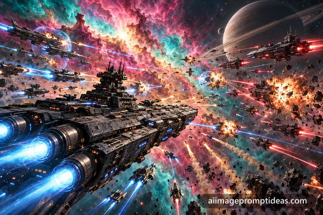 Massive space battle between starship fleets with laser beams in front of a colorful nebula, AI generated