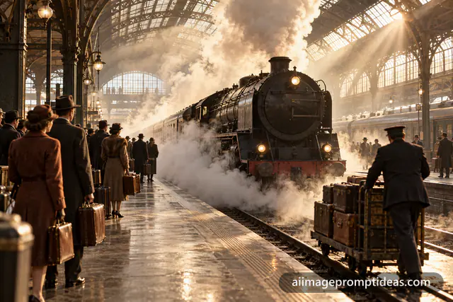 Black steam locomotive arriving at a grand 1940s station with billowing steam and travelers, AI generated