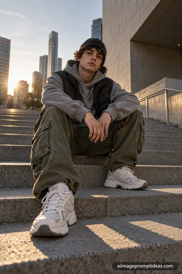 Young man in an oversized grey hoodie, cargo pants and chunky sneakers sitting on concrete steps, AI generated
