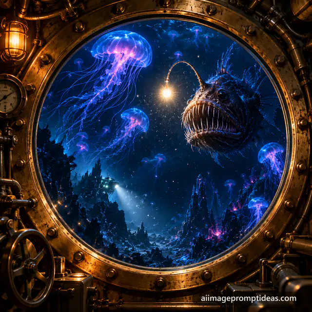 View through a brass submarine porthole of glowing jellyfish and an anglerfish in the deep sea, AI generated