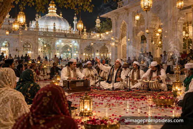 Qawwali singers with harmonium and tabla performing in a lamp-lit marble dargah courtyard, AI generated