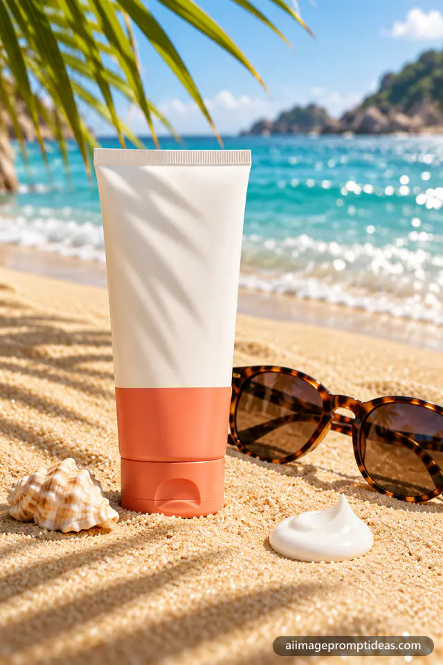 Sunscreen tube standing on golden sand with sunglasses, a palm leaf shadow and turquoise water, AI generated