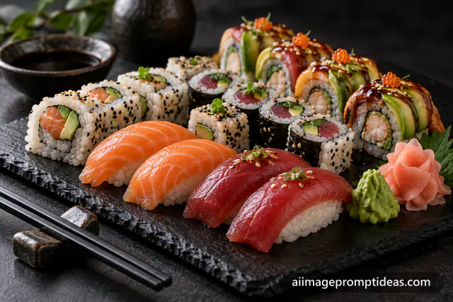 Sushi platter with nigiri, maki rolls, wasabi and ginger on a dark slate board, AI generated