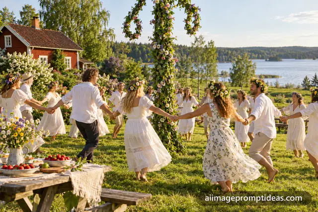 People in flower crowns dancing around a Swedish Midsummer maypole, AI generated