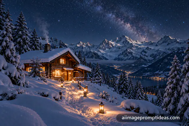Wooden cabin with glowing windows in the snowy Alps at night under a starry sky, AI generated